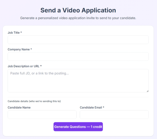 Send a Video Application form with job title, company, and description fields.