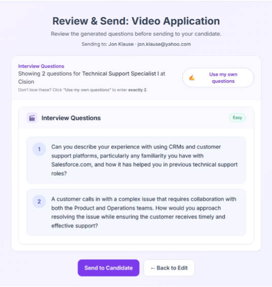 AI-generated interview questions tailored to a specific role.