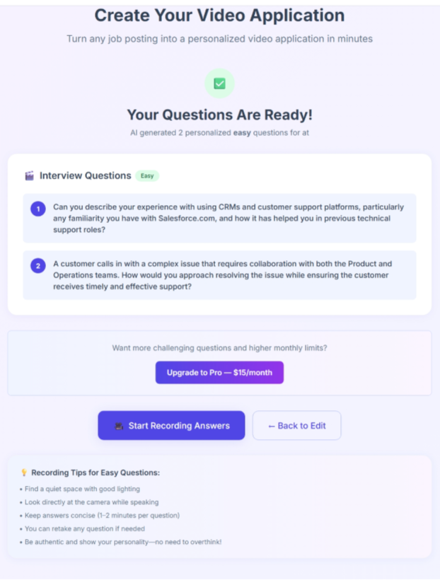 Candidate view showing interview questions ready to record.