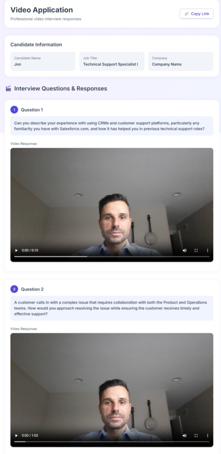 Video application page with candidate responses ready to play.