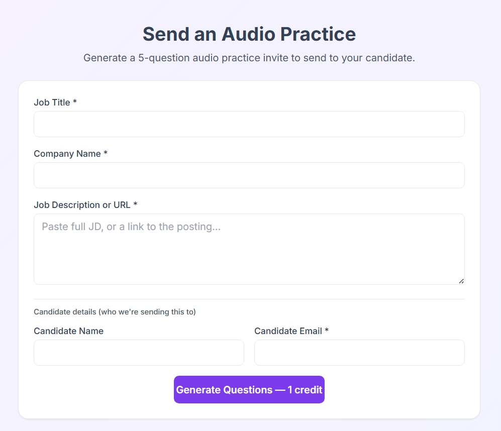 Send an Audio Practice form with job title, company, description, and candidate fields.
