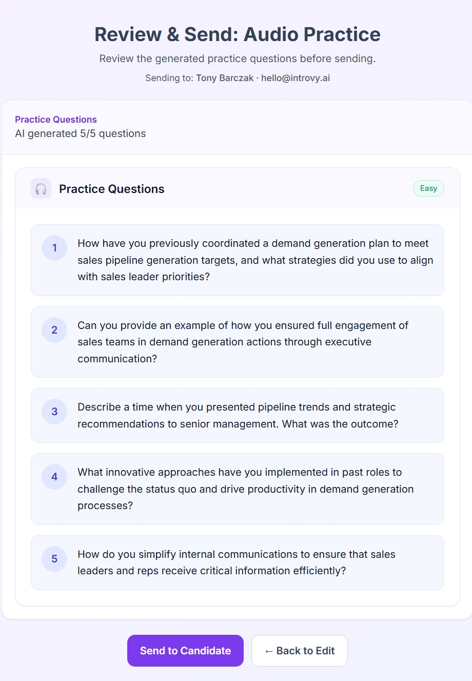 Review & Send screen with AI-generated audio practice questions.