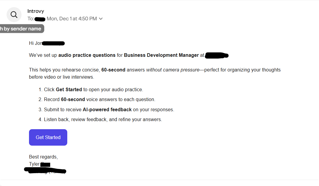 Candidate email invite with Get Started button for audio practice.