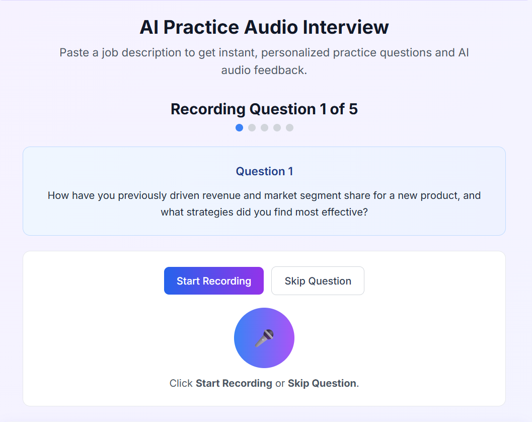 Audio recorder interface for Question 1 of 5 with Start Recording button.