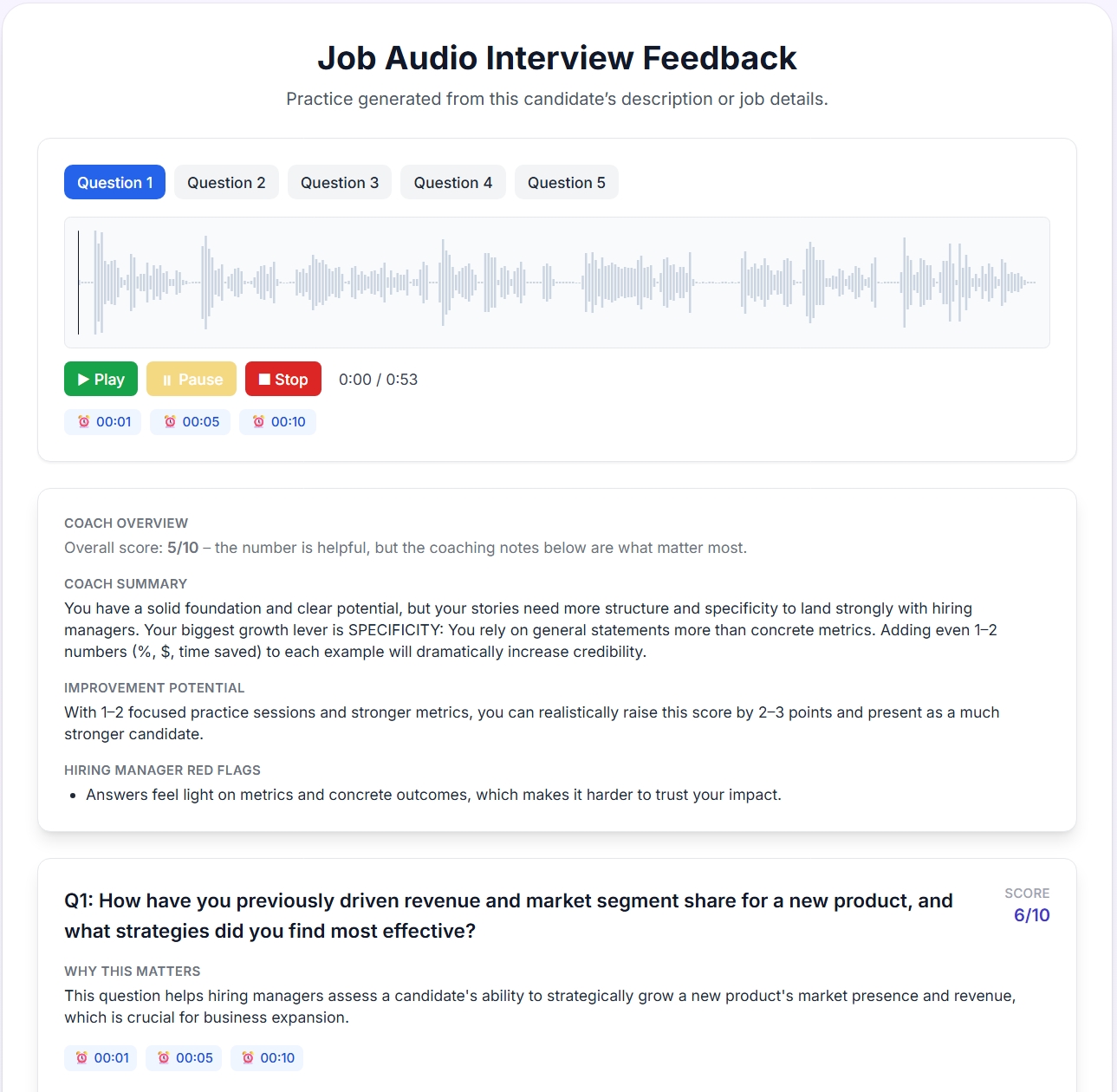 Job Audio Interview Feedback overview with waveform, scores, and coach summary cards.