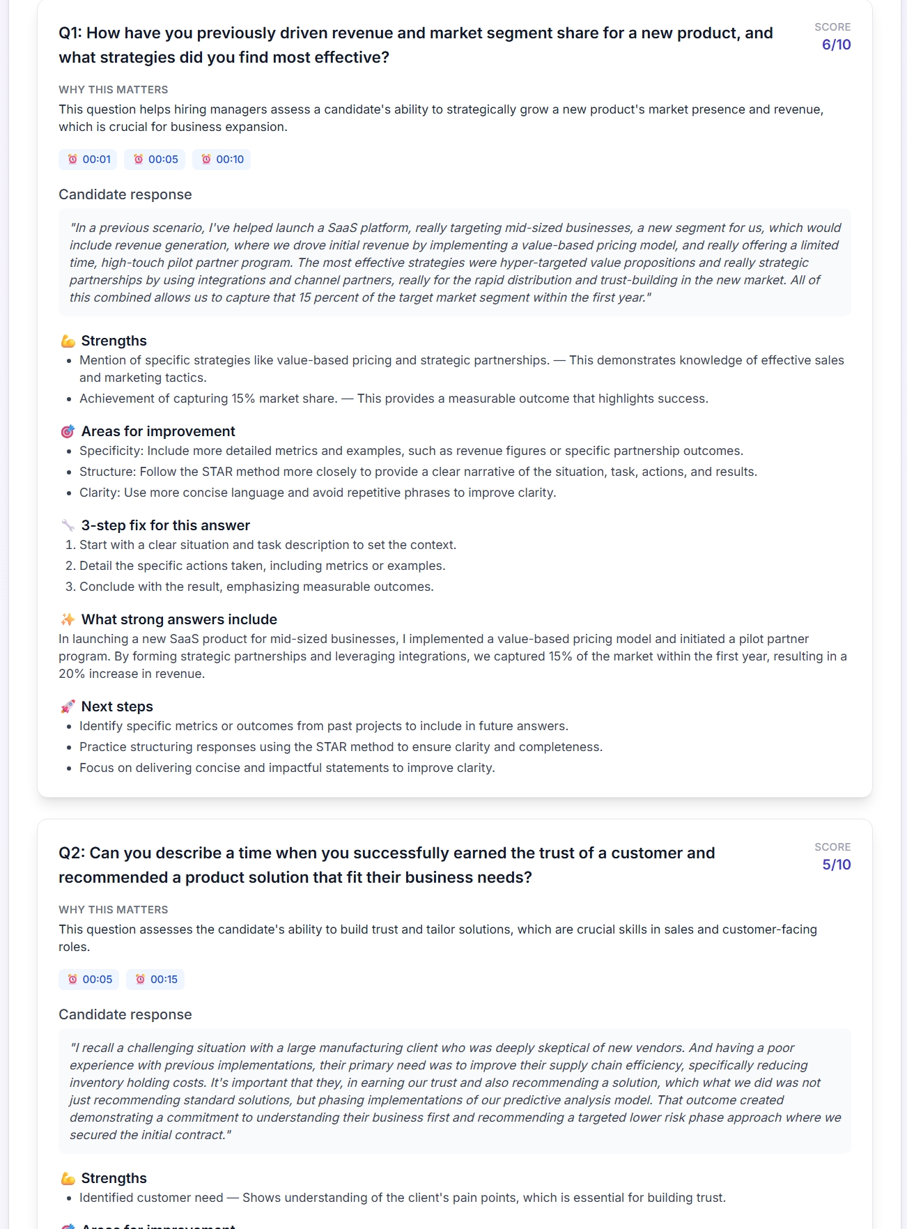 Detailed audio feedback showing transcript, strengths, areas for improvement, and next steps for each question.