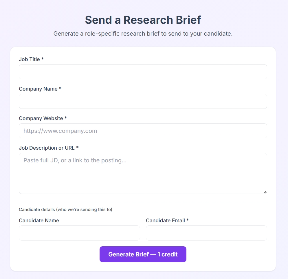 Send a Research Brief form with job title, company name, website, and job description fields.