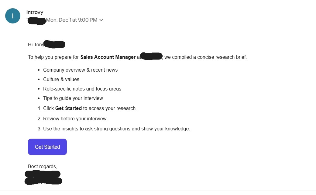 Email notification to the candidate with a button to open their research brief.
