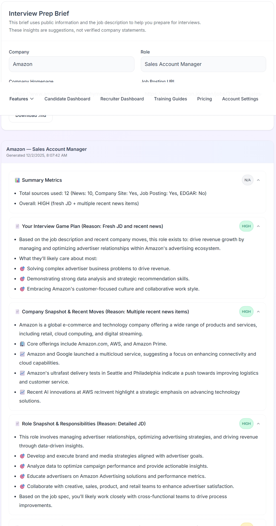 Top portion of the interview prep brief page showing company, role, and high-level sections.
