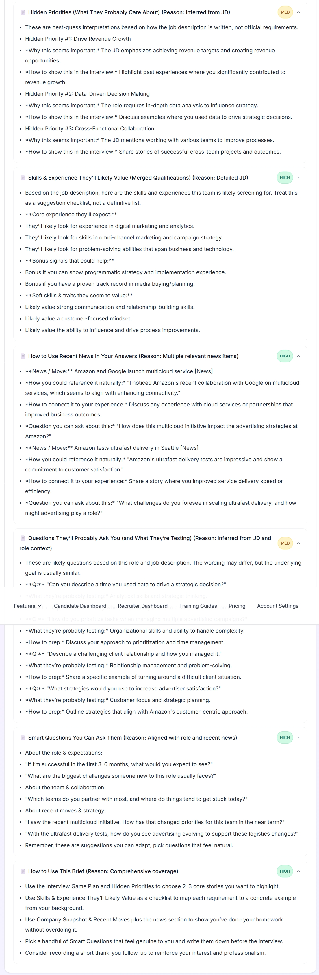 Lower portion of the interview prep brief showing questions, talking points, and usage tips.