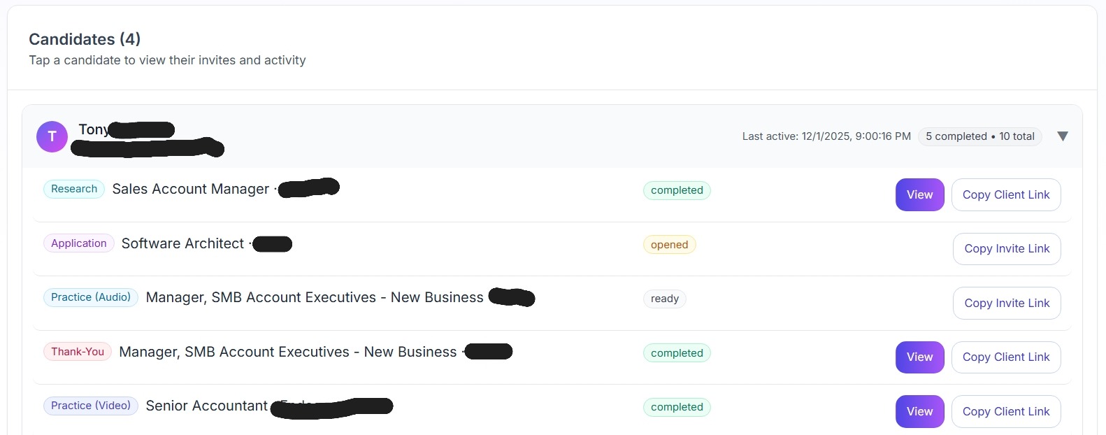 Recruiter dashboard showing a research item with status alongside other candidate activities.