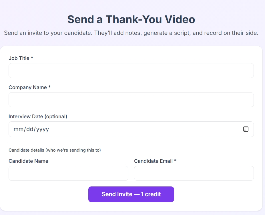 Send a Thank-You Video form with job, company, interview date, and candidate fields.