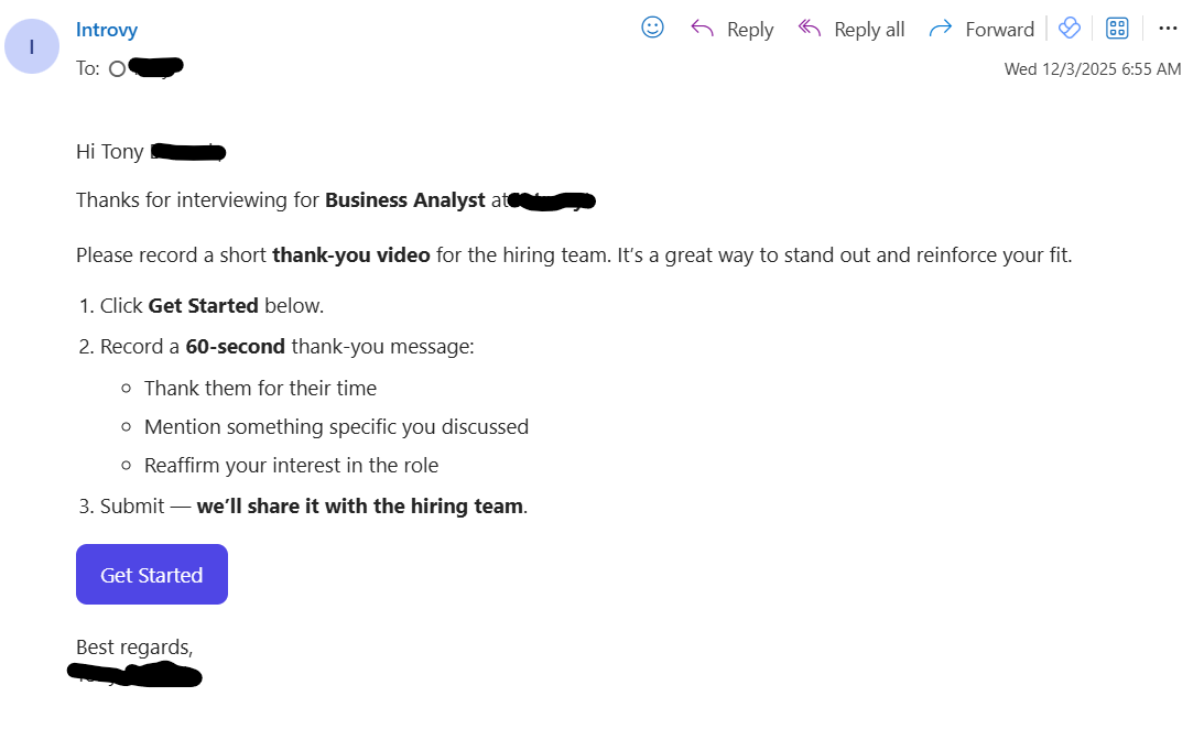 Email invite asking the candidate to record a 60-second thank-you video with a Get Started button.