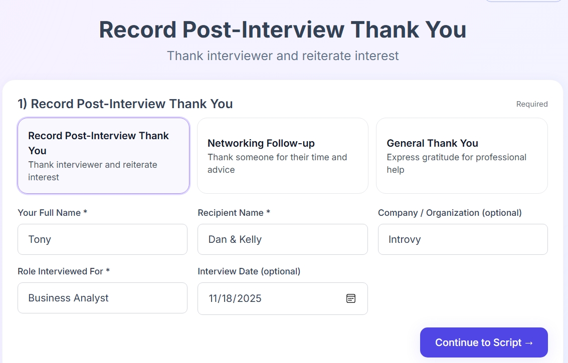 Record Post-Interview Thank You intake with candidate, recipient, role, company, and interview date.