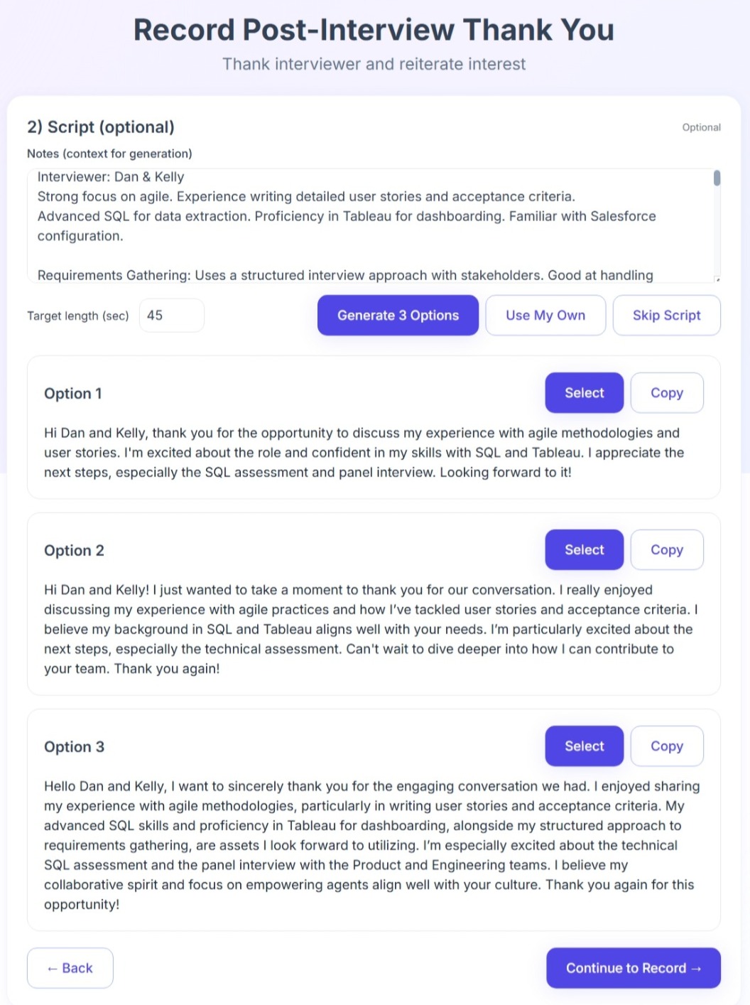 Script generation panel with interview notes and three AI-generated thank-you script options.