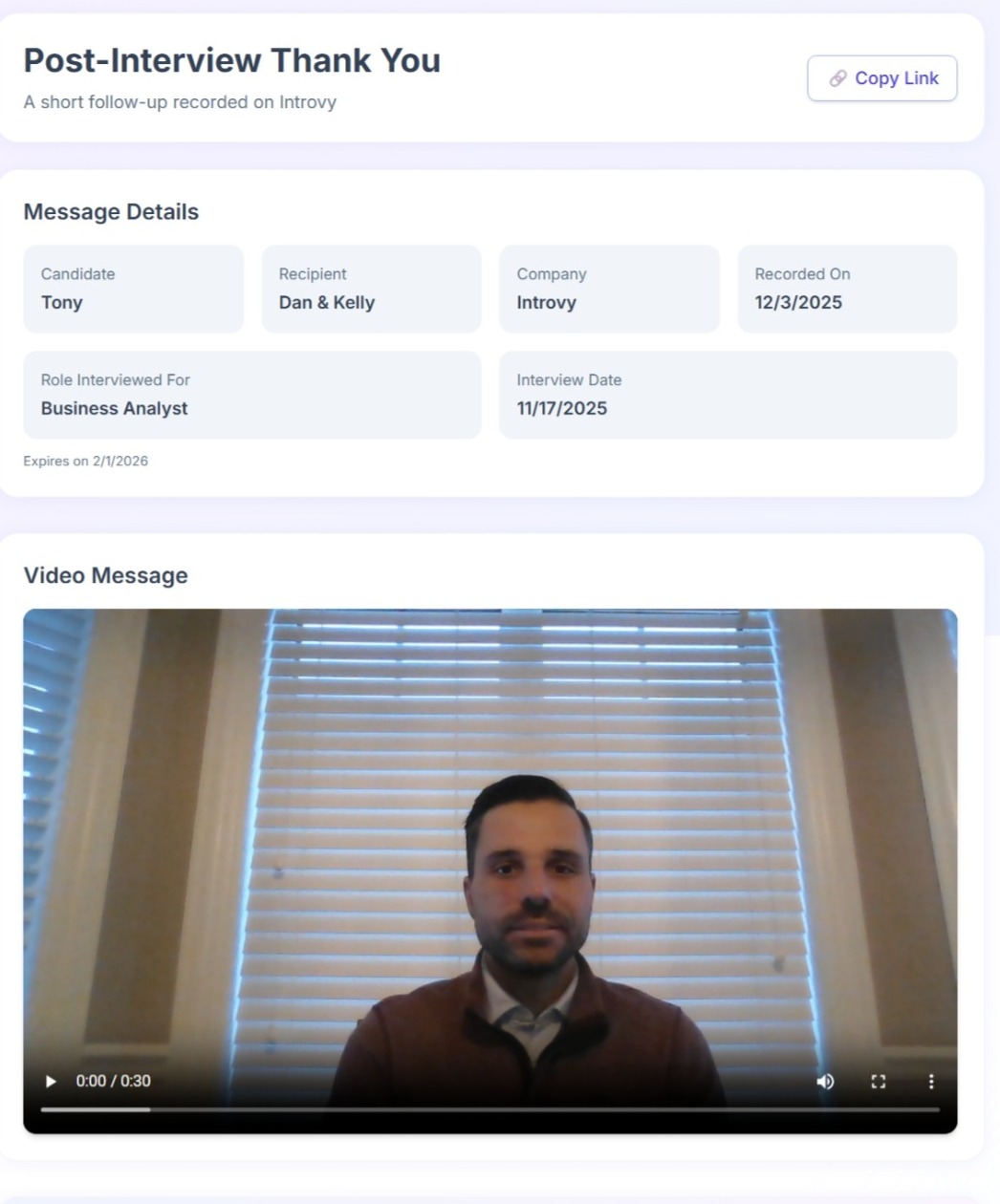 Post-Interview Thank You page showing candidate, recipient, role, interview date, and embedded video.