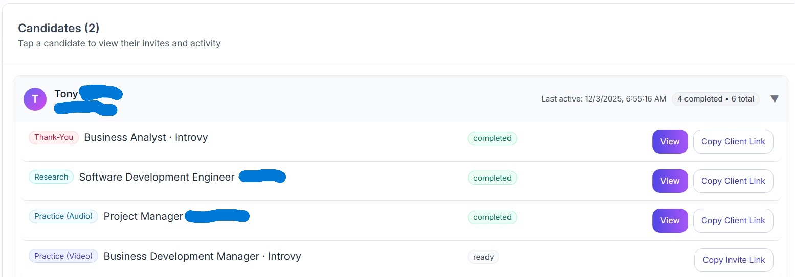 Recruiter dashboard row showing Thank-You activity with View and Copy Client Link buttons.