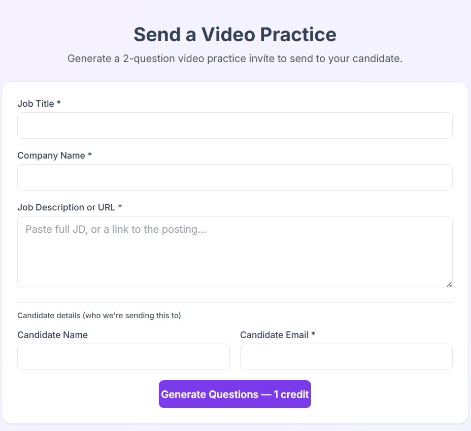 Send a Video Practice form with job title, company, job description, and candidate details.