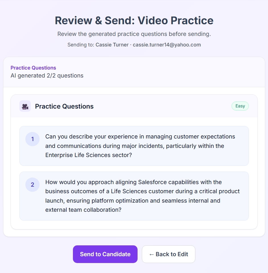 Review & Send: Video Practice screen showing AI-generated questions before sending to the candidate.