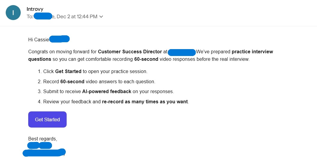 Email invite explaining the practice interview and a Get Started button.