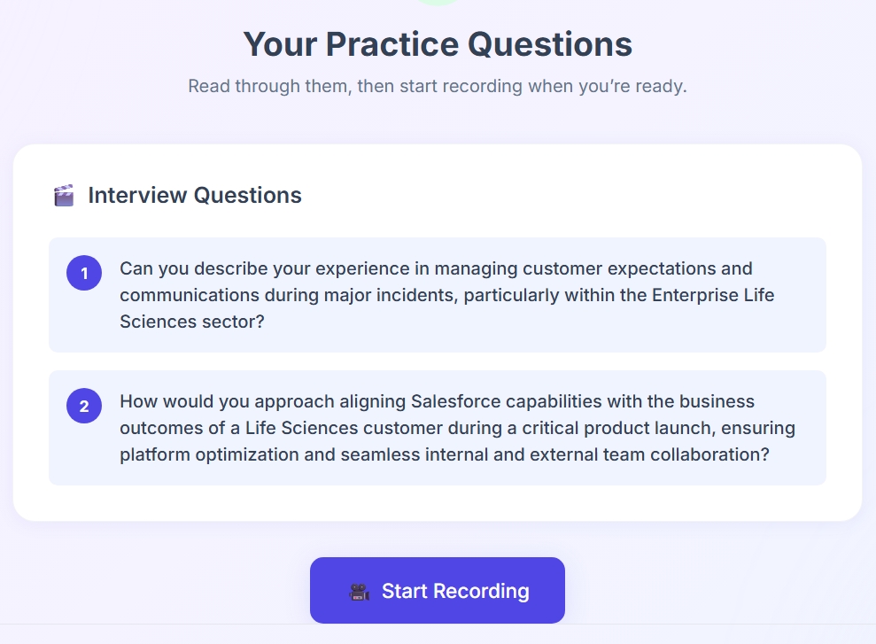 Your Practice Questions page showing multiple questions and a Start Recording button.