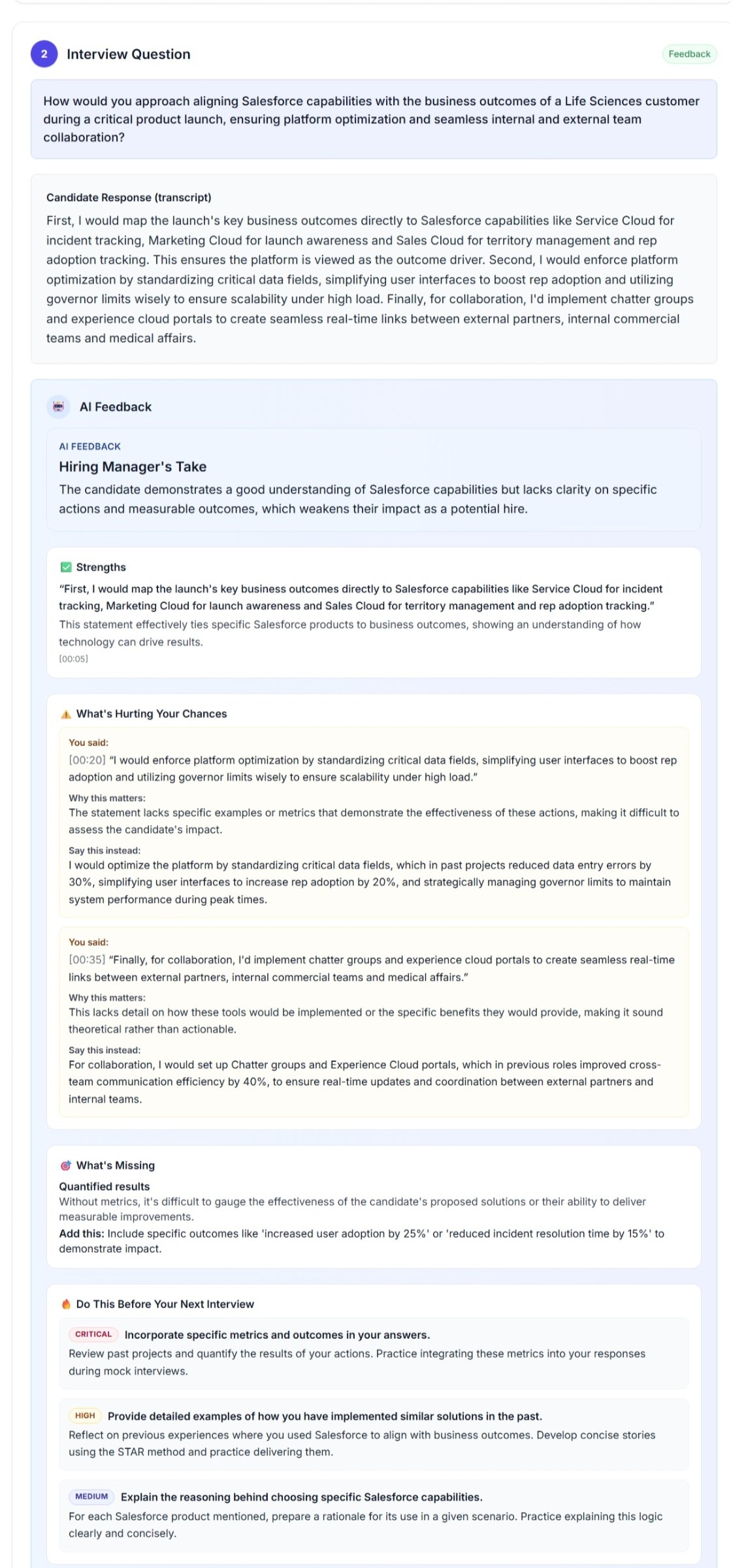 Detailed feedback section for a single question with transcript, strengths, gaps, and next steps.