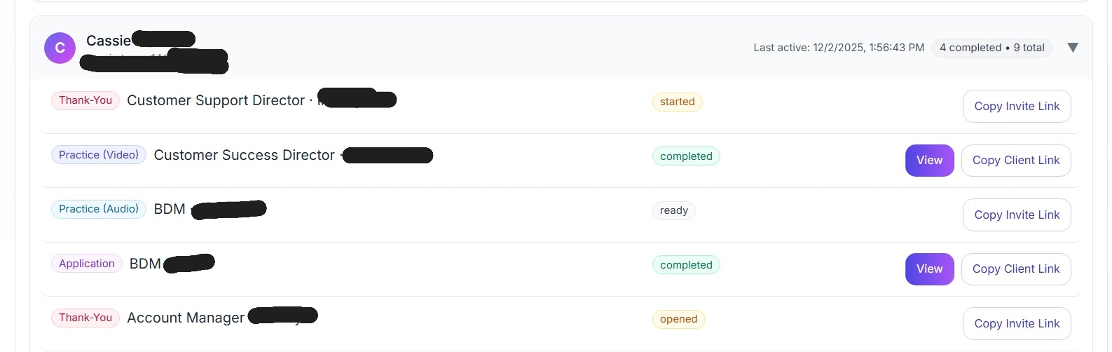 Recruiter dashboard showing a candidate row with Video Practice status and a View button.